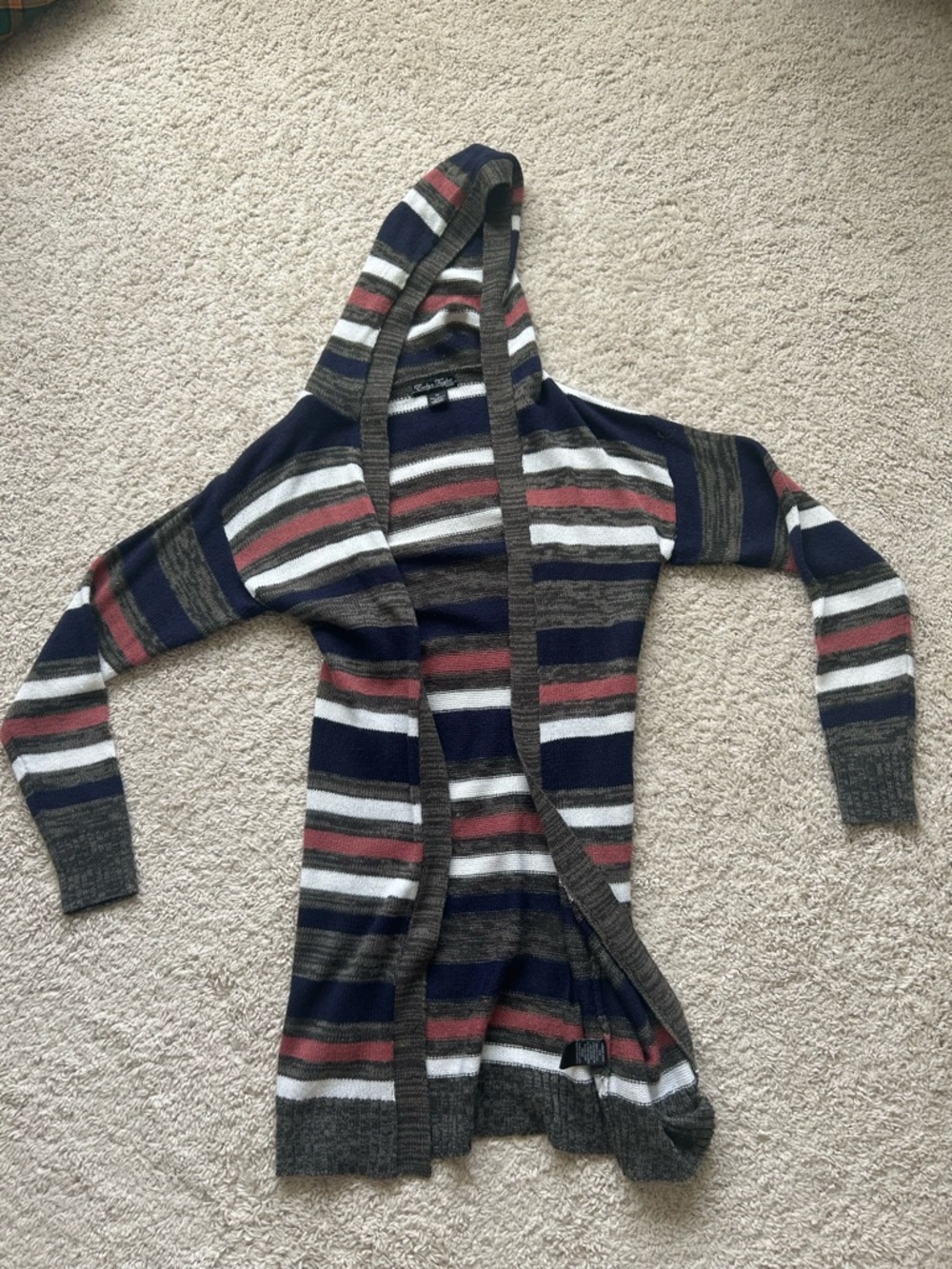 Striped Hooded Open Cardigan in Navy, Gray & Rust